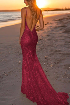 Sparkly Burgundy Sequin Strapless Mermaid Long Formal Dress