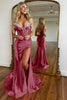 Load image into Gallery viewer, Sparkly Fuchsia Mermaid Beaded Spaghetti Straps Corset Long Prom Dress with Slit