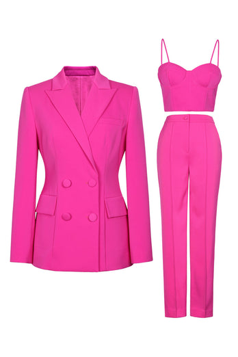 Hot Pink Peak Lapel 3 Piece Women Prom Suits