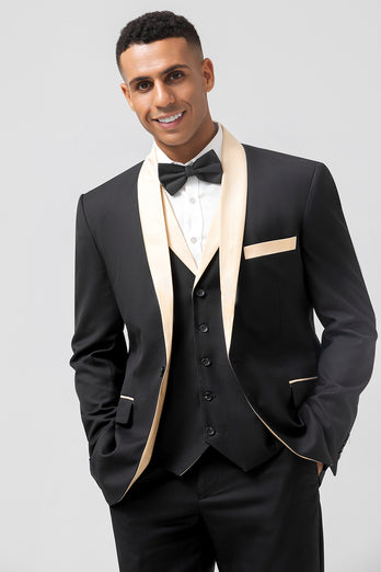 Black 3 Pieces Champagne Shawl Lapel One Button Men's Prom Suits