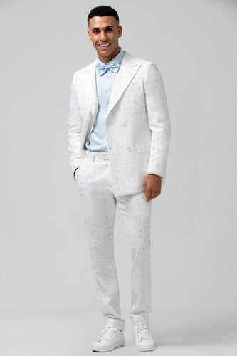 White 2 Pieces Peak Lapel Plaid Wedding Party Suits