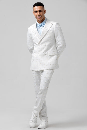 White 2 Pieces Peak Lapel Plaid Wedding Party Suits