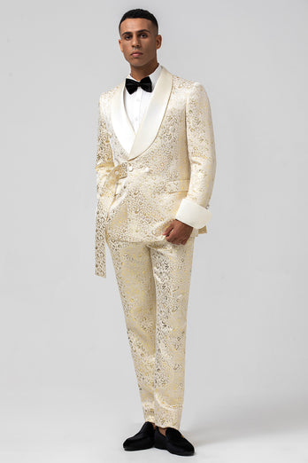 Glitter White Jacquard 2 Piece Men Suits with Belt