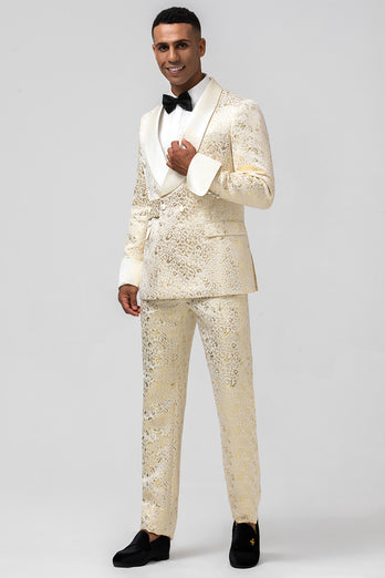 Glitter White Jacquard 2 Piece Men Suits with Belt