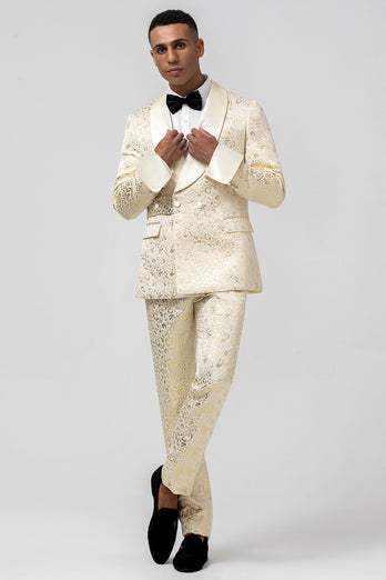 Glitter White Jacquard 2 Piece Men Suits with Belt