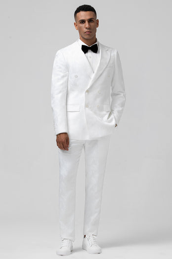 White Jacquard Double Breasted 2 Piece Men's Suits