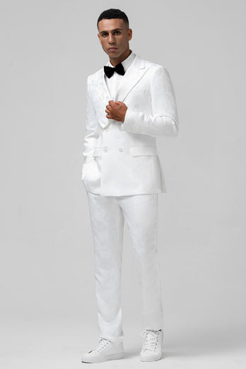 White Jacquard Double Breasted 2 Piece Men's Suits