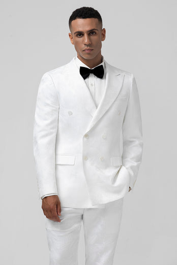 White Jacquard Double Breasted 2 Piece Men's Suits