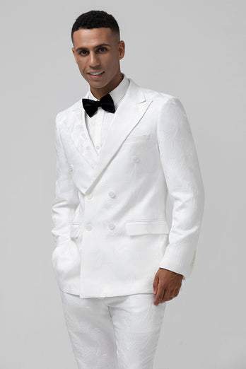 White Jacquard Double Breasted 2 Piece Men's Suits