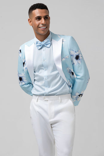 Light Blue Peak Lapel One Button 2 Piece Floral Men's Prom Suits