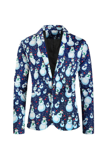 Notched Lapel One Button Blue Snowman Printed Men's Suits