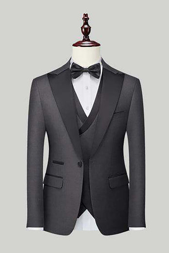 Black Grey 3 Piece Peak Lapel One Button Men's Suits