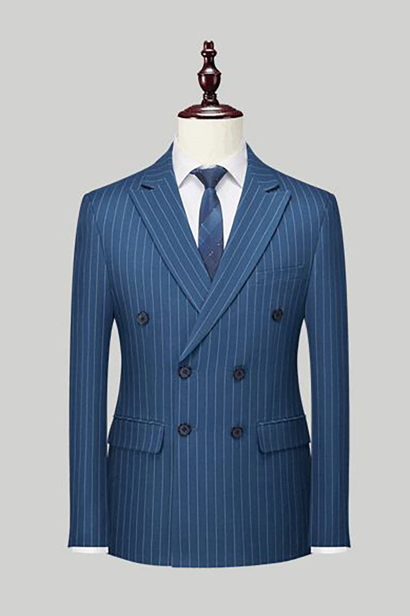 Load image into Gallery viewer, Navy Pinstriped Peak Lapel 2 Piece Men&#39;s Formal Suits