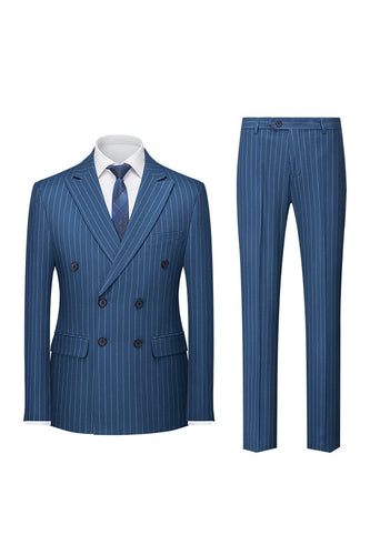 Navy Pinstriped Peak Lapel 2 Piece Men's Formal Suits