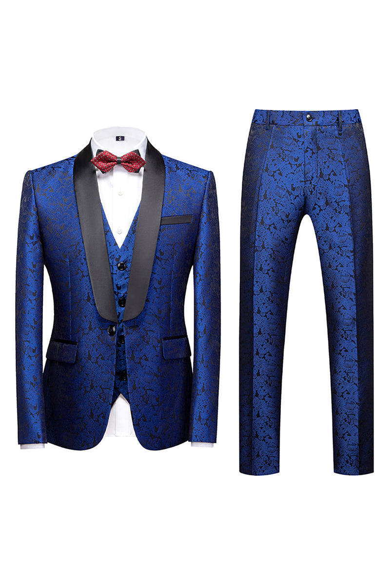 Load image into Gallery viewer, Black 3 Piece Jacquard Shawl Lapel Men&#39;s Prom Suits