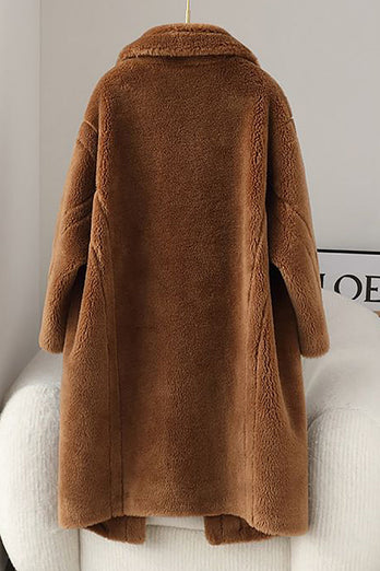 Brown Notched Lapel Long Teddy Wool coat