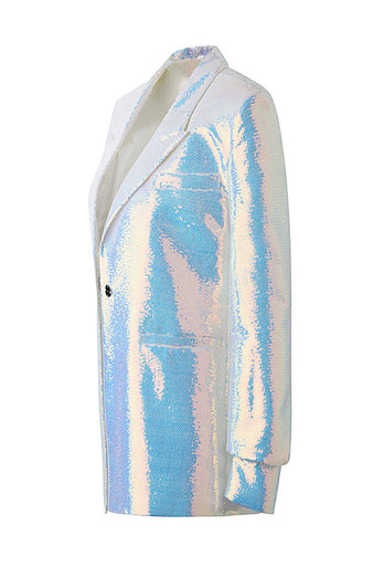 Sparkly White Sequins Peak Lapel Women Blazer with Belt