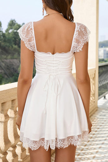 A Line White Lace Square Neck Graduation Dress