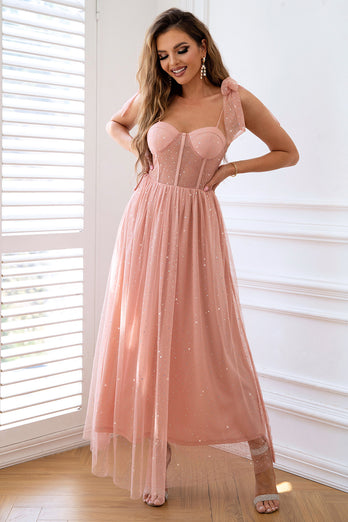 A-Line Tulle Blush Corset Prom Dress