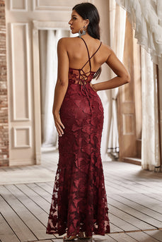 Mermaid Spaghetti Straps Burgundy Corset Prom Dress