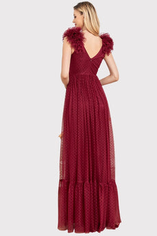 Tulle A-Line Burgundy Long Prom Dress
