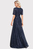 Load image into Gallery viewer, Sparkly V-Neck Navy Long Prom Dress with Short Sleeves