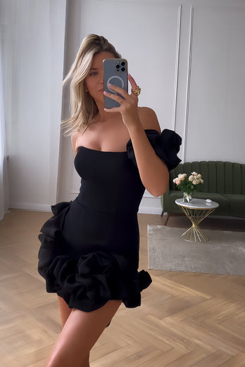 Black One Shoulder Tight Ruffled Short Prom Dress