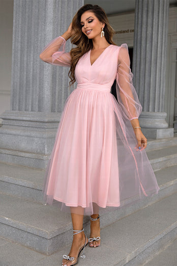 Tulle V-Neck Blush Long Prom Dress with Sleeves