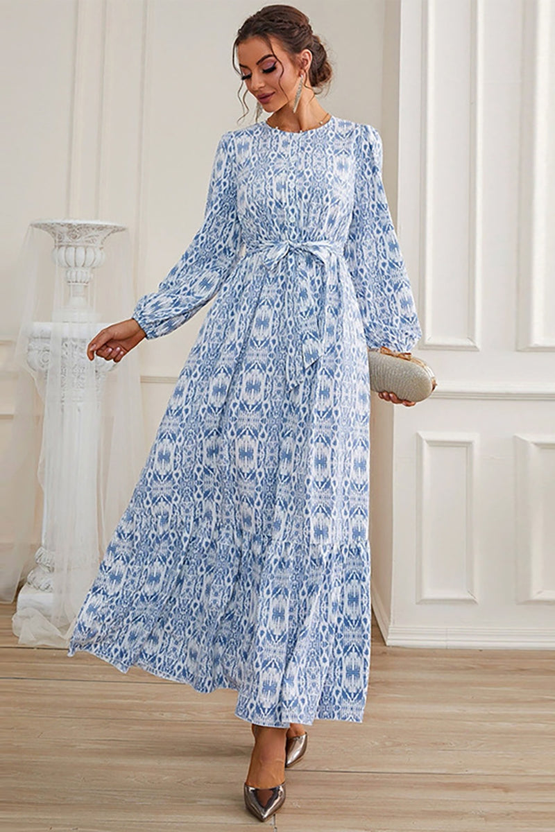 Load image into Gallery viewer, A-Line Blue Long Prom Dress with Long Sleeves