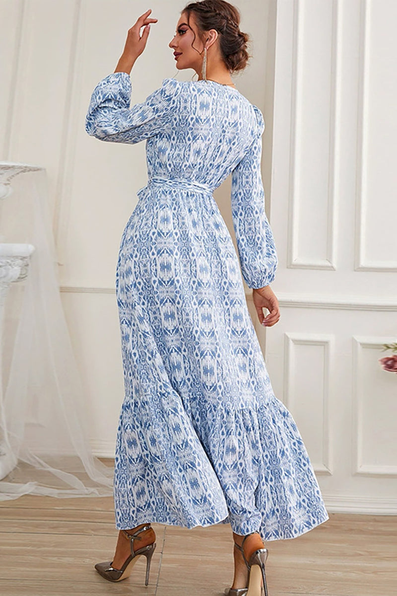 Load image into Gallery viewer, A-Line Blue Long Prom Dress with Long Sleeves