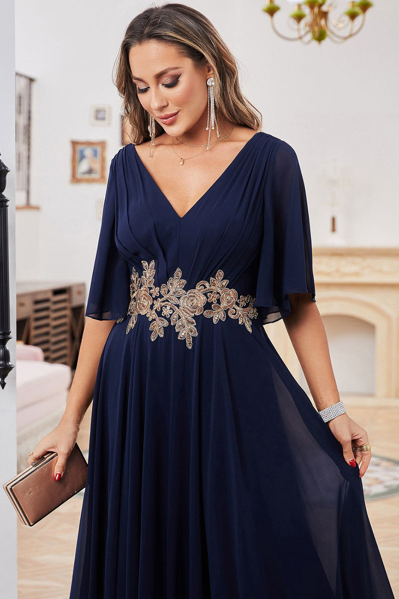 Load image into Gallery viewer, A-Line V-Neck Navy Mother of Bride Dress with Appliques