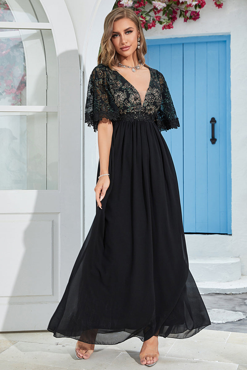 Load image into Gallery viewer, A-Line Chiffon Black Mother of Bride Dress with Short Sleeves