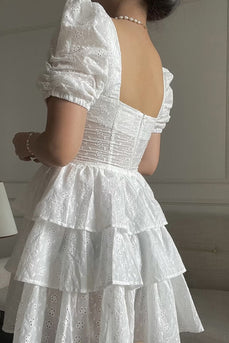 Sweet White Short Sleeves Tiered Graduation Dress