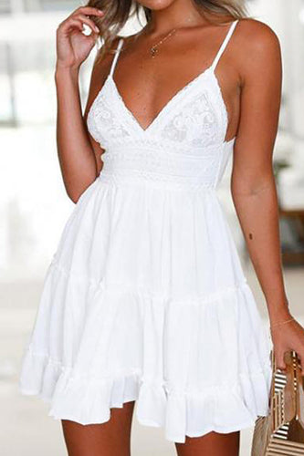 V-Neck Keyhole Back Mini Graduation Dress In White