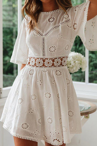 Boho Half Sleeves Keyhole Back White Mini Beach Dress