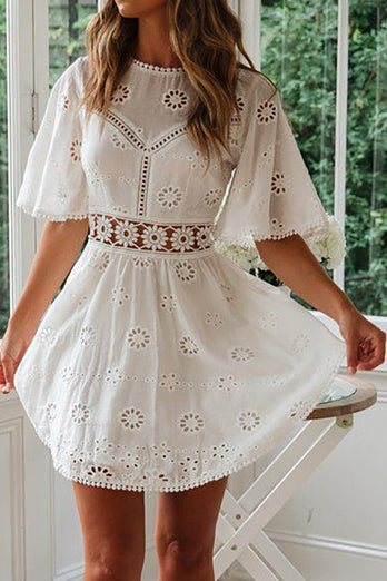 Boho Half Sleeves Keyhole Back White Mini Beach Dress