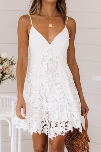 Simple Spaghetti Straps White Lace Mini Graduation Dress