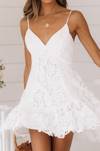 Simple Spaghetti Straps White Lace Mini Graduation Dress