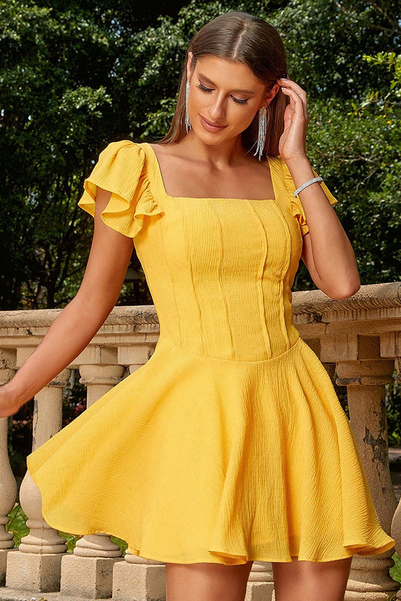 Load image into Gallery viewer, Yellow Flutter Sleeves A-line Short Homecoming Dress