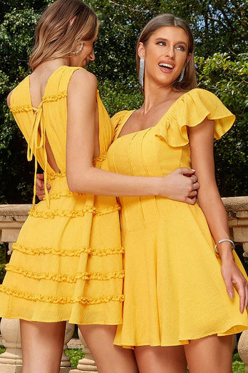 Yellow Flutter Sleeves A-line Short Homecoming Dress