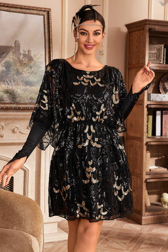 Sparkly Black Sequins Flapper Dress with Batwing Sleeves