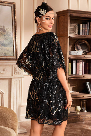 Sparkly Black Sequins Flapper Dress with Batwing Sleeves