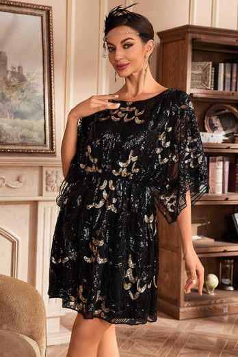 Sparkly Black Sequins Flapper Dress with Batwing Sleeves