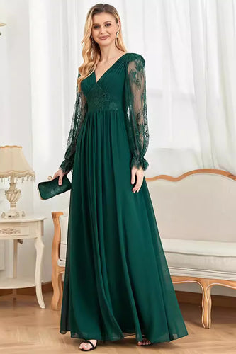 Dark Green Lace Long SLeeves A Line Prom Dress