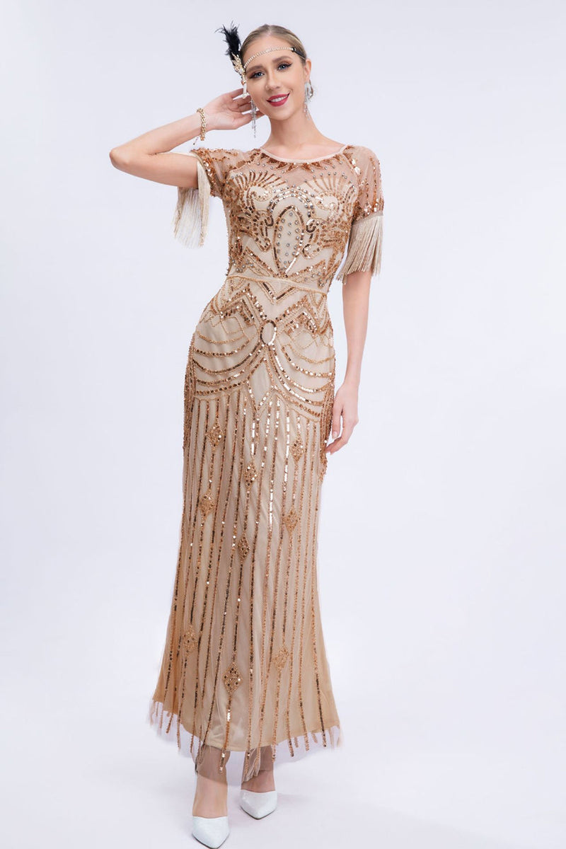 Load image into Gallery viewer, Fringes Glitter Short Sleeves Long Flapper Dress