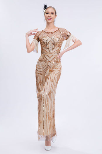 Fringes Glitter Short Sleeves Long Flapper Dress