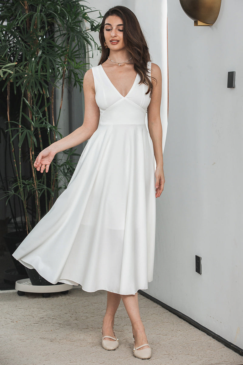 Load image into Gallery viewer, A Line V Neck Sleeveless Little White Dress with Hollow-out Back