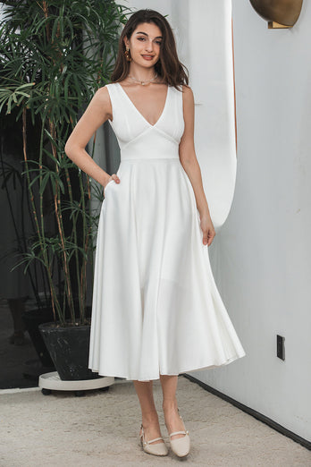 A Line V Neck Sleeveless Little White Dress with Hollow-out Back