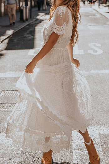 White A Line Long Boho Lace Engagement Party Dress