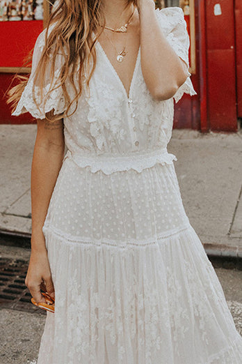 White A Line Long Boho Lace Engagement Party Dress